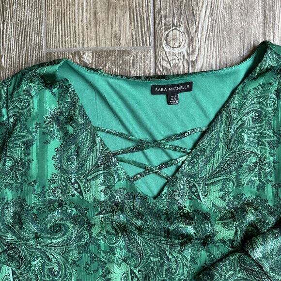 Sara Michelle Bell Sleeve Green Blouse Popover Elastic Hem 2X Fairy Whimsigoth - Picture 6 of 9